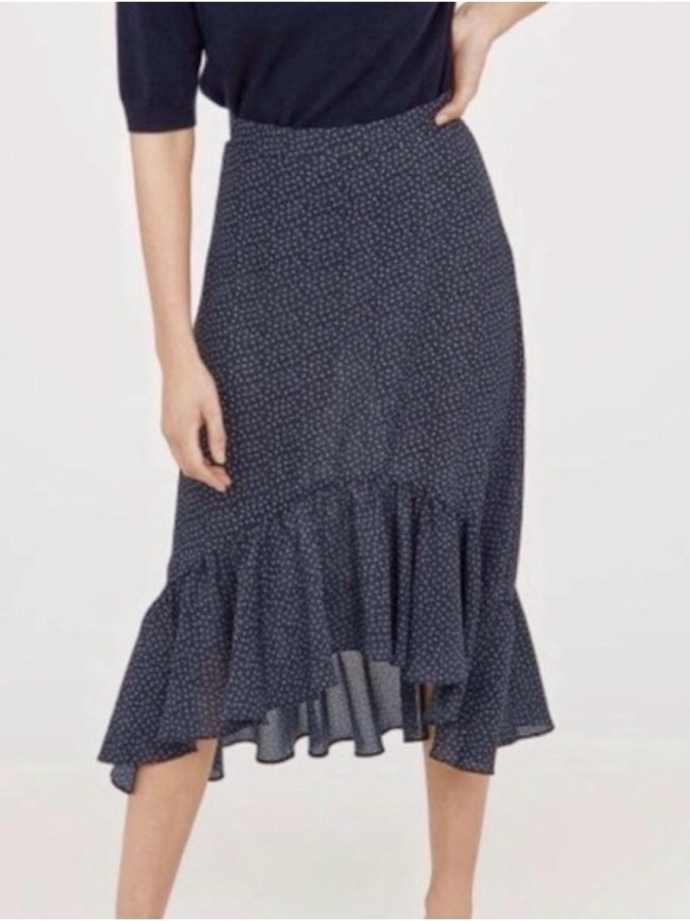 H&M Blue White Polka Dot Floral High Low Ruffle Midi Skirt 10 Coastal Minimalist